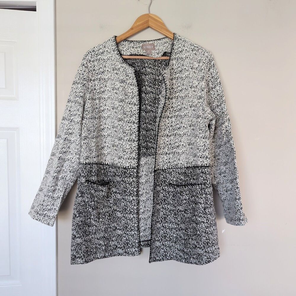 Chico's Pixelated Open Front Knit Jacket Black White Size 2/LG/14
